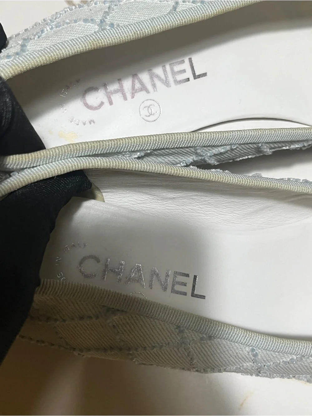 Chanel Women's Two-Tone Light Blue and Black Quilted Ballerina Flats denim